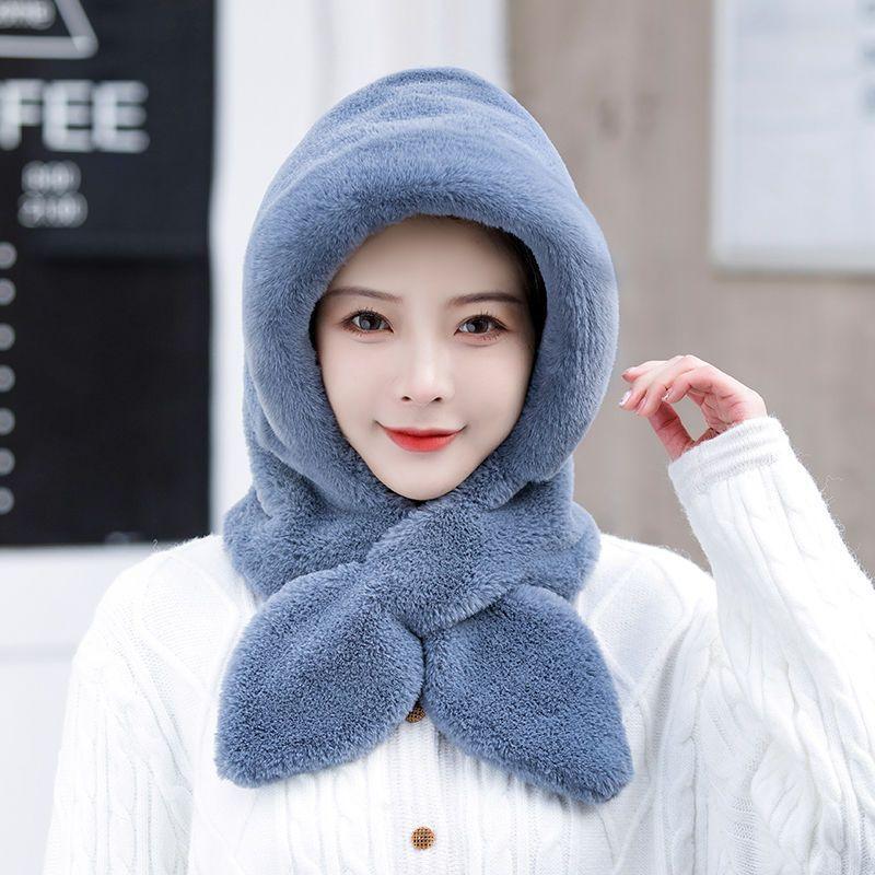 

Hat Women s Scarf Integrated Winter New Arrival Windproof Cycling Cold Protection Thickening Warm All-Matching Toe Cap Earmuffs Hat Fashion Blue Gray