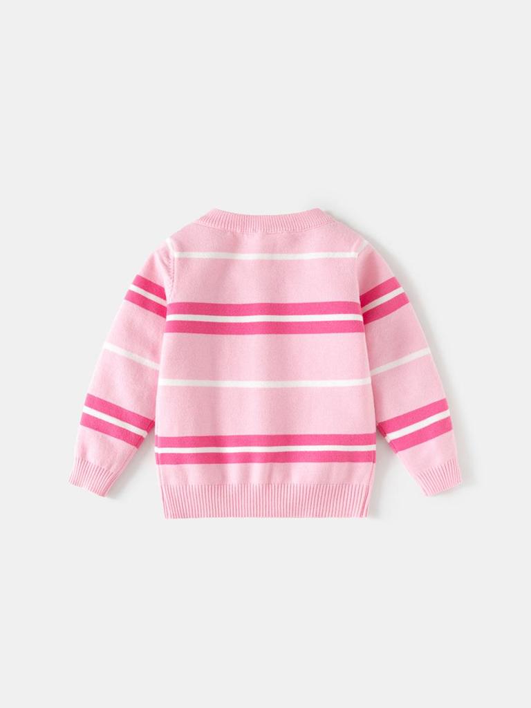 2026 Autumn Kids' Pink Striped Knit Cardigan – Girls' Single-Breasted Sweater