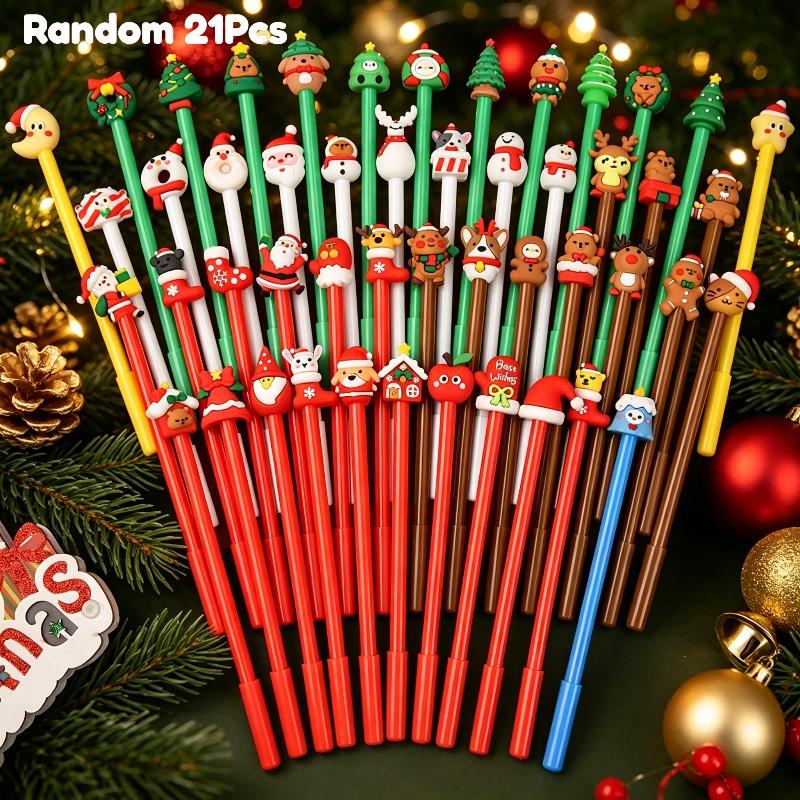 21Pcs Back To School Season Student Stationery, Assorted Christmas Character Decorative Writing Pens, Festive Santa Snowman Reindeer Xmas Tree Topper