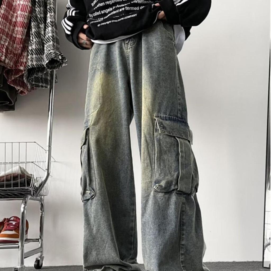 Men's Summer Trendy Wide-Leg Cargo Jeans with Large Pockets - Washed Retro Floor-Length Pants
