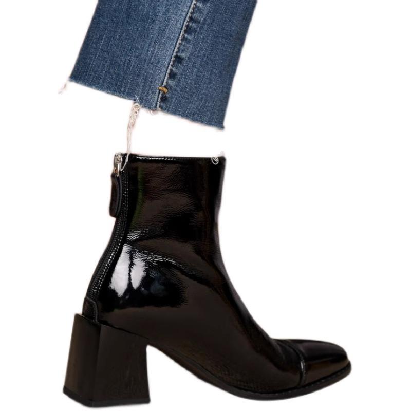 Ghete de gleznă albe din piele lăcuită pentru femei, Modă de toamnă pentru femei, Slip-on, Tocuri înalte, Ghete de damă cu vârf ascuțit și toc gros, Botine scurte