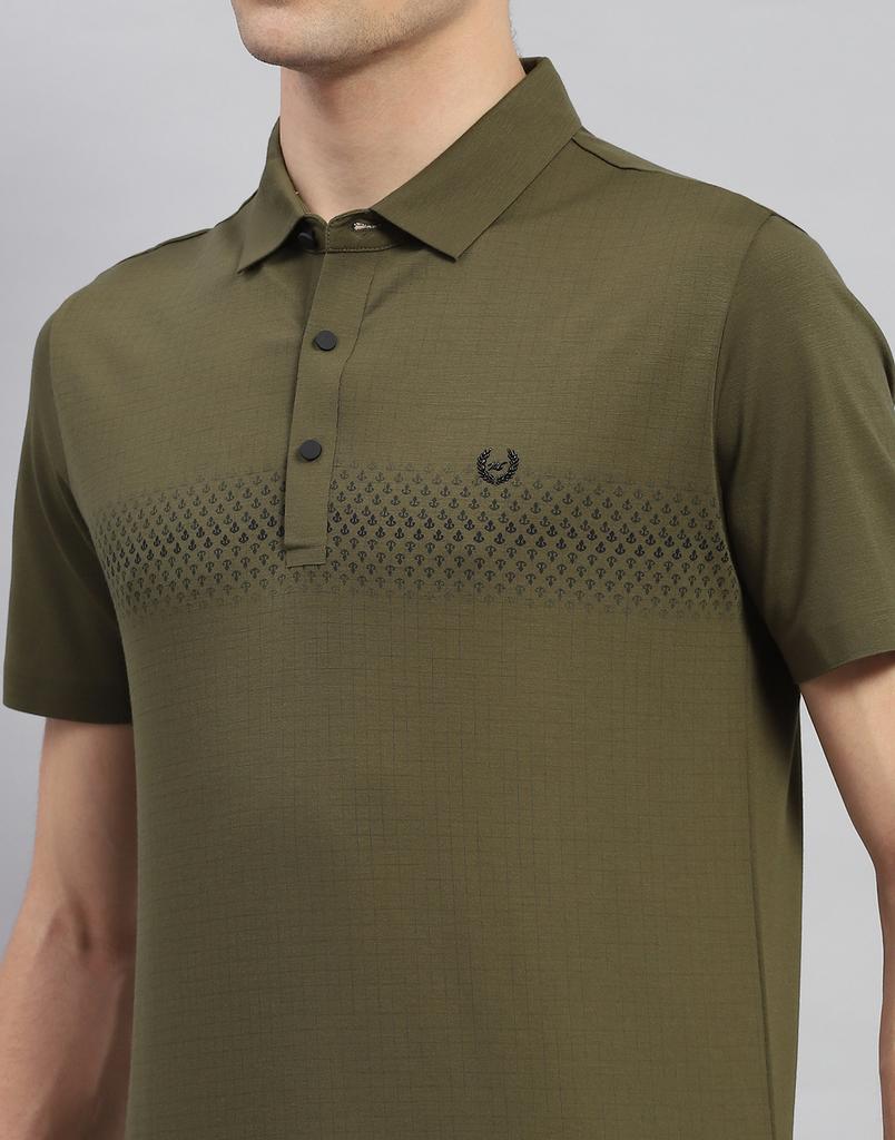 Monte Carlo Mens Olive Printed Polo Neck Half Sleeve T-shirt
