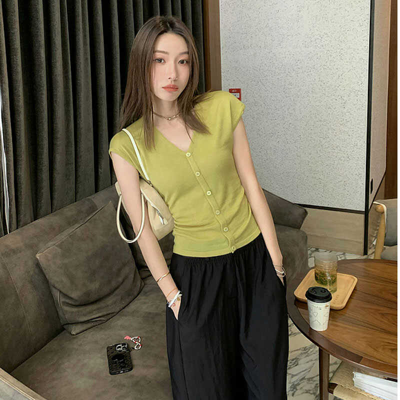 Summer V Neck Slim Fit Casual Knitted T-shirt Women Fashion Elegant Short Sleeve Tshirts Tops Office Lady Vintage Button Up Women's Tee Shirt 24845