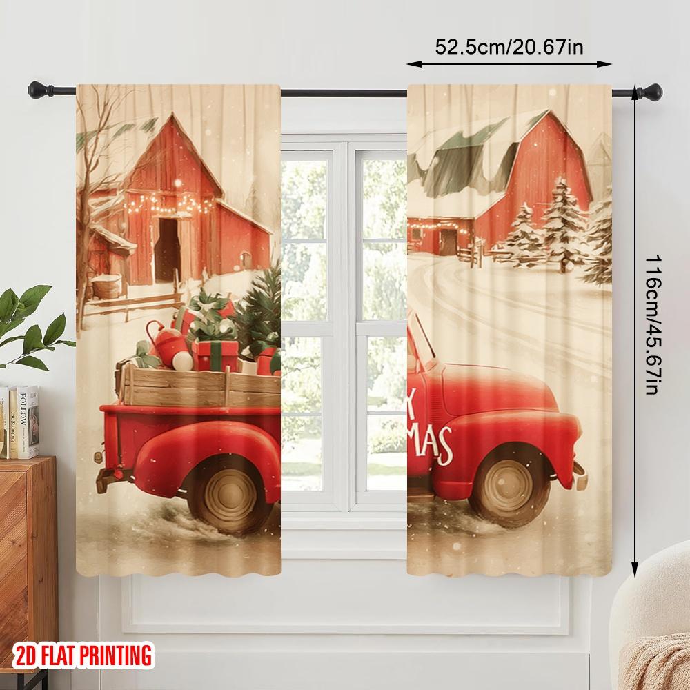 2pcs,2D plane printing Pattern Curtains Santa Red Truck Durable Polyester (without rod) Holiday Perfect for Living Room, Office,