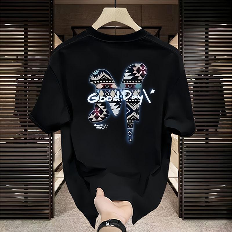 

Trendy Brand Fashion Round Neck Short-Sleeved T-Shirt Men S Summer Trend Ruffian Handsome Top Bottoming Shirt 5XL чорний