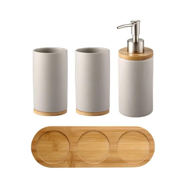 Toothbrush Holder Cup Ceramics Tooth Brush Organizer Nordic Style Bathroom Accessories Set with Wood Base Bathroom Space Saving