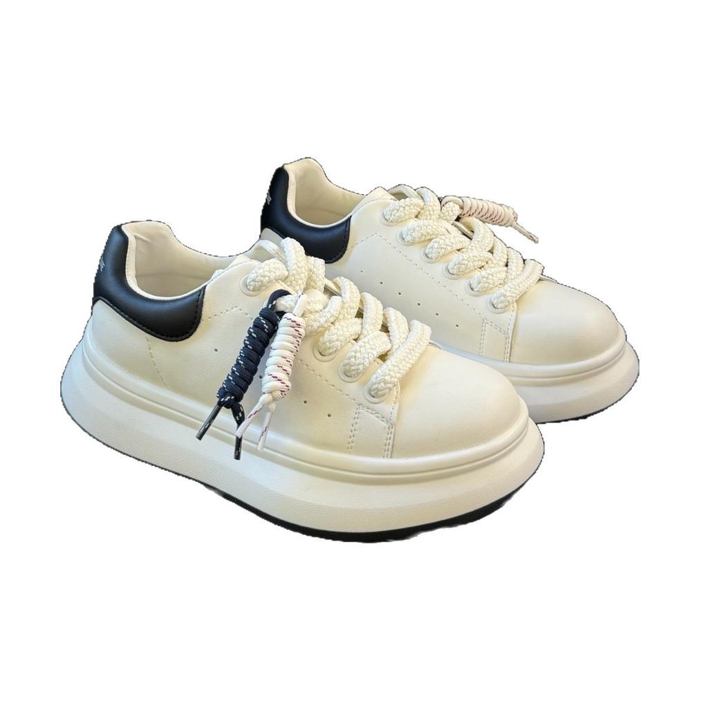 Platform White Shoes Women's 2025 Autumn New Leather Muffin Shows Small and Versatile Feet, Increases the Height of Board Shoes, Casual Sports Trend