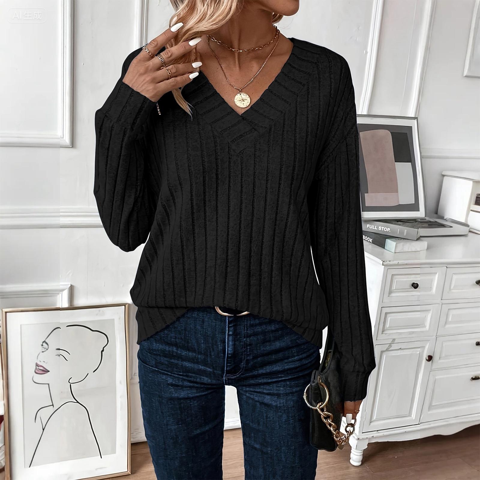 

Женская мода Топ с длинным рукавом, в рубчик, элегантный, для работы и на каждый день XXL чёрный