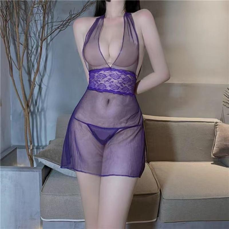 Sexy Underwear Passion Free Deep V Purple Robe Women's Pure Desire To Large Size Perspective Seductive Set Pajamas