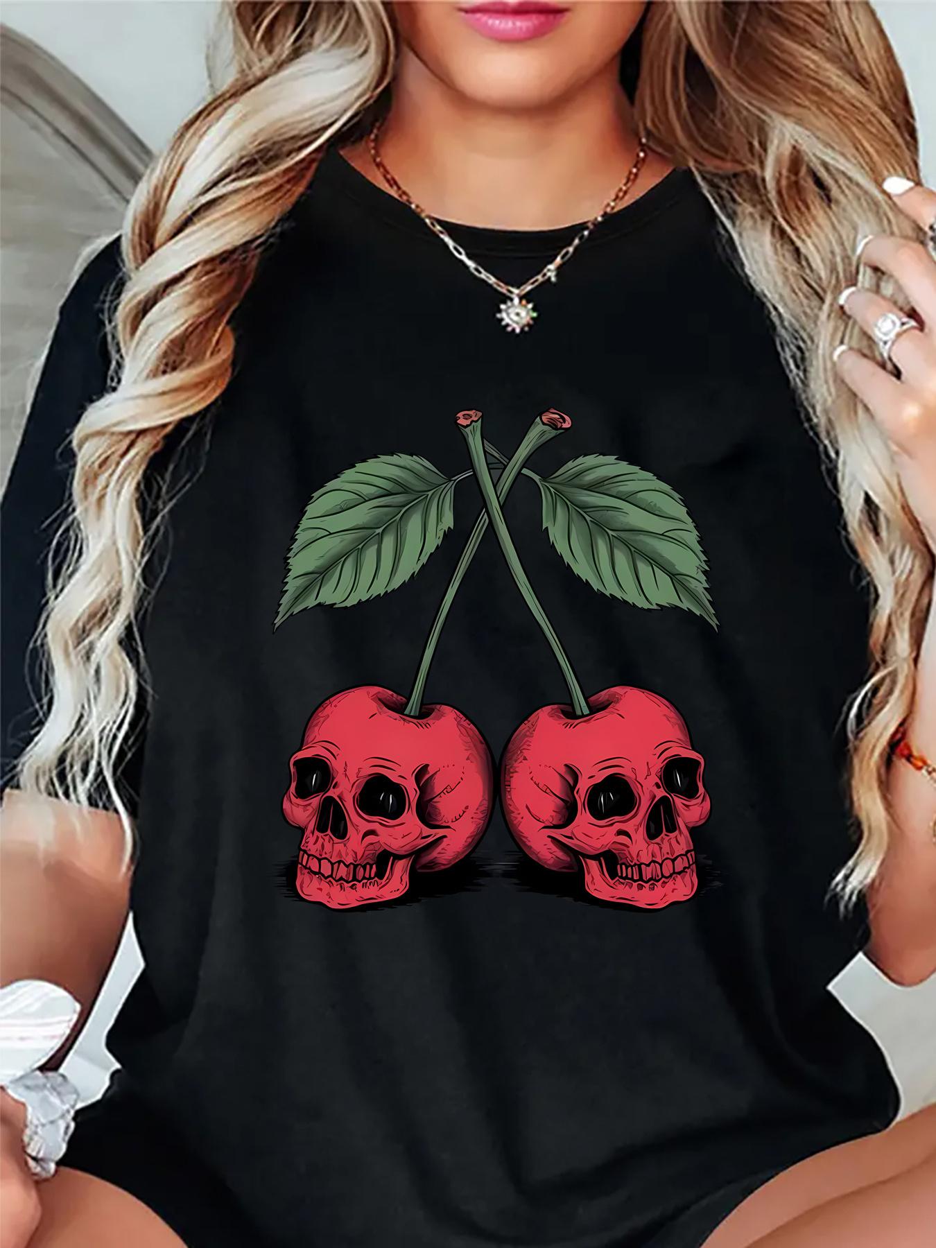 Cherry Skull Print - Women s Fashion Casual Sporty T-Shirt S