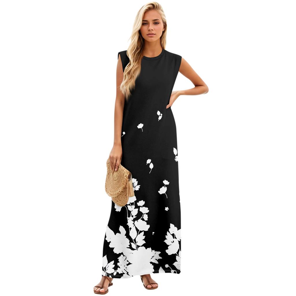 Summer Dresses For Women Round Neck Casual Loose Printing Split Wrinkle-Free Long Maxi Beach Dress With Pockets