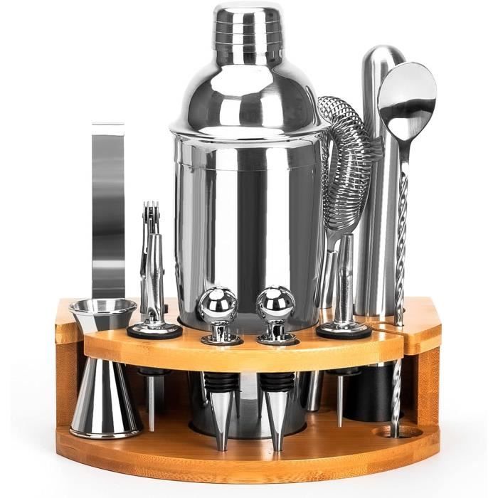 Ensemble de cocktails - Inox - 12 pièces - Support en bois - 750 ML - Durable et polyvalent