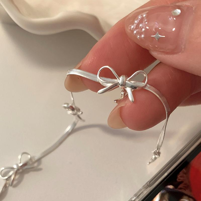 Silver Snake Bones Bow Bracelet for Women Girls Sweet Charm Bowknot Short Clavicle Chain Necklace Jewelry Set
