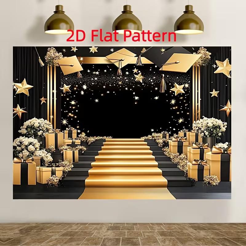 2D Elegant Graduation Backdrop, Black Gold Theme with Golden Stairs for Prom and Events