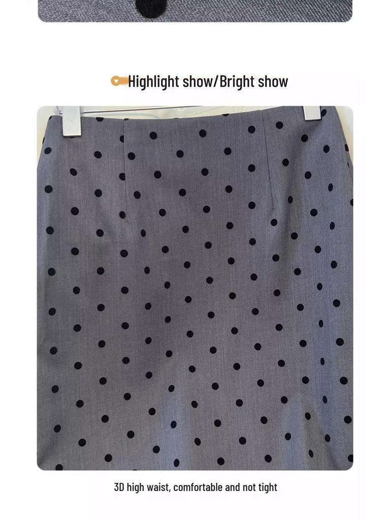 Damen-Polka-Dot-Rock mit hohem Bund und schmaler Passform - Frühling & Herbst 2025, Französische Eleganz, Hüftbetont, Halblang mit Schlitz