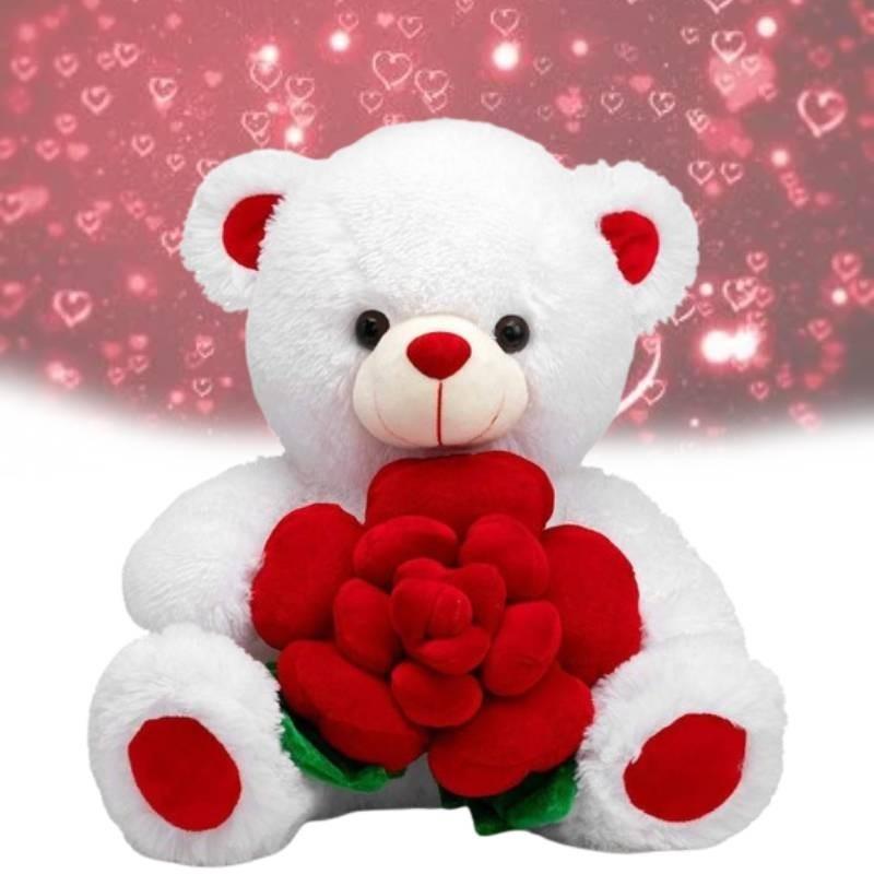 Adorable Plush Rose Bear Pp Cotton Filled White 30cm Perfect For Valentine's Day