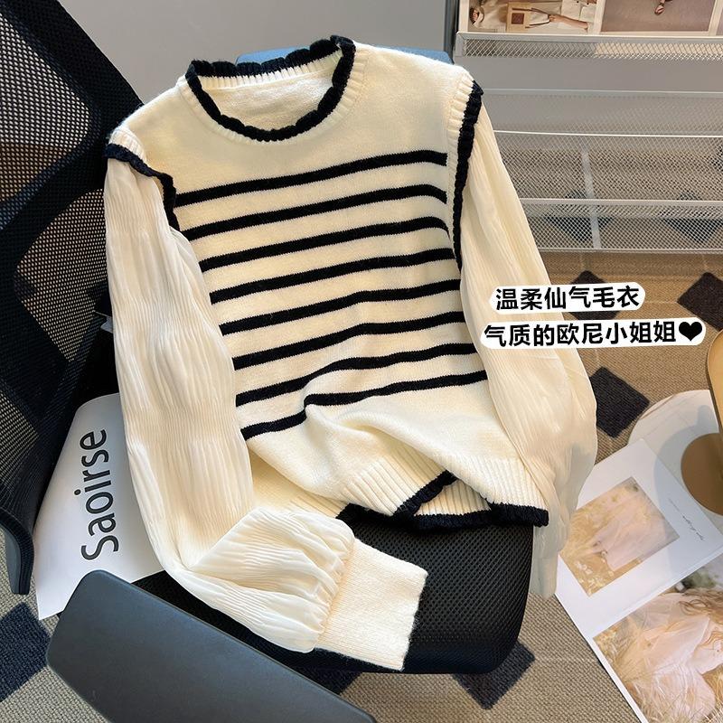 Striped knitted sweater women's new spring and autumn fake two sweaters women's great-looking early autumn top