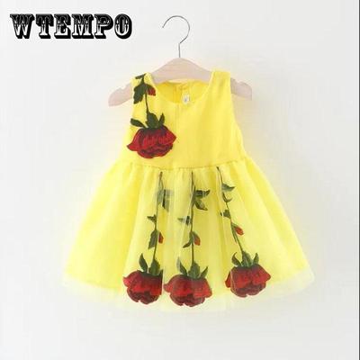 Girls Summer Mesh Dress 0-5 Years Old Baby Girl Sweet Princess Skirt Round Neck Sleeveless Tutu Skirt Rose Decoration