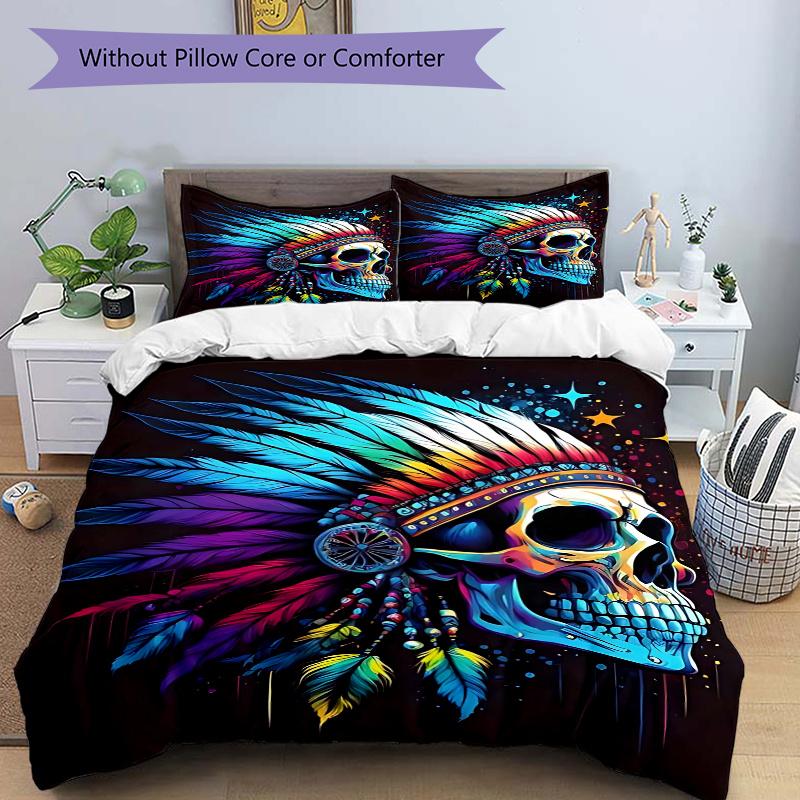 

3pcs Colorful Indian Chief Skull Home Decor Bedding Set - Includes One Quilt Cover and Two Pillowcases (No Core) - Festival Gift for Bedroom and Guest 135x200cm