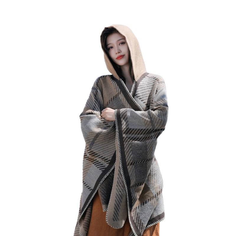 Warm Thick Plaid Hooded Cape Shawl Women Winter Cozy Wrap Scarf Lightweight Blanket Coat