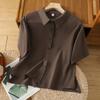 1116 stone polished linen shirt women's lapel short-sleeved solid color top temperament shirt
