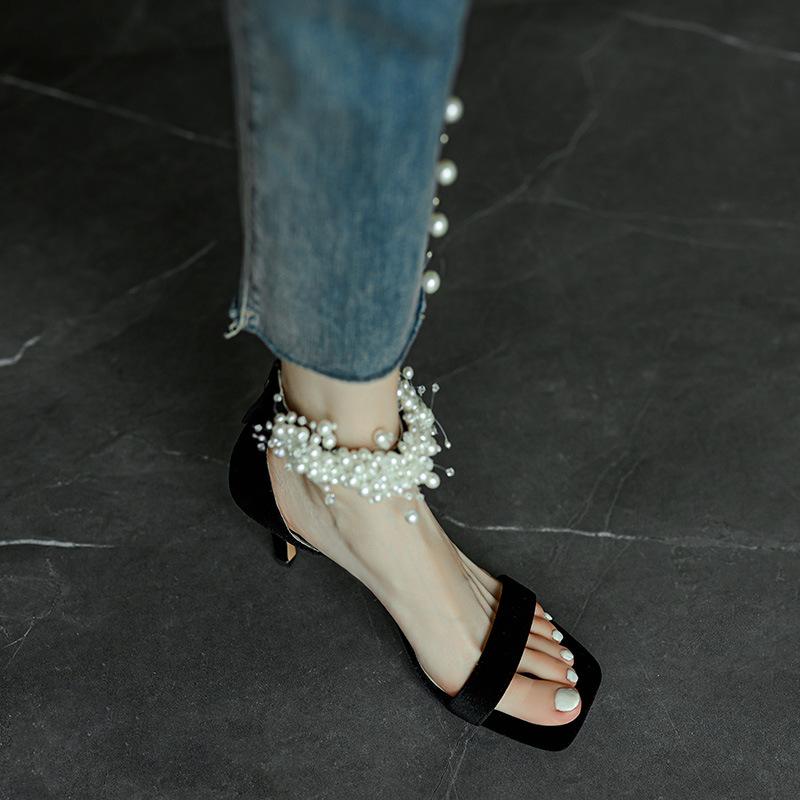 Handmade~ Super beautiful self-retention~ Pearl sandals fairy style sexy thin heel one-word buckle high heels female summer