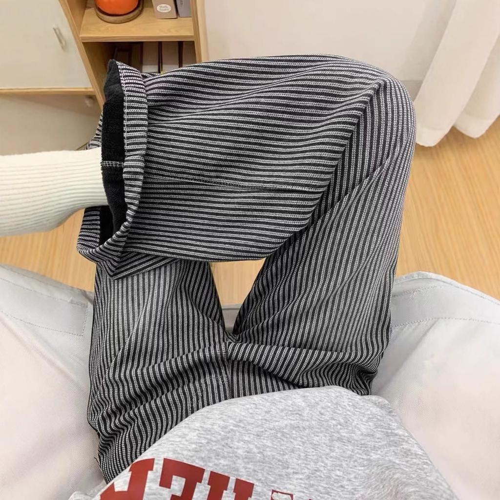 Black and Gray Striped Wide-leg Jeans for Women In Autumn and Winter Plus Velvet High Waist Straight Versatile Casual Floor Pants