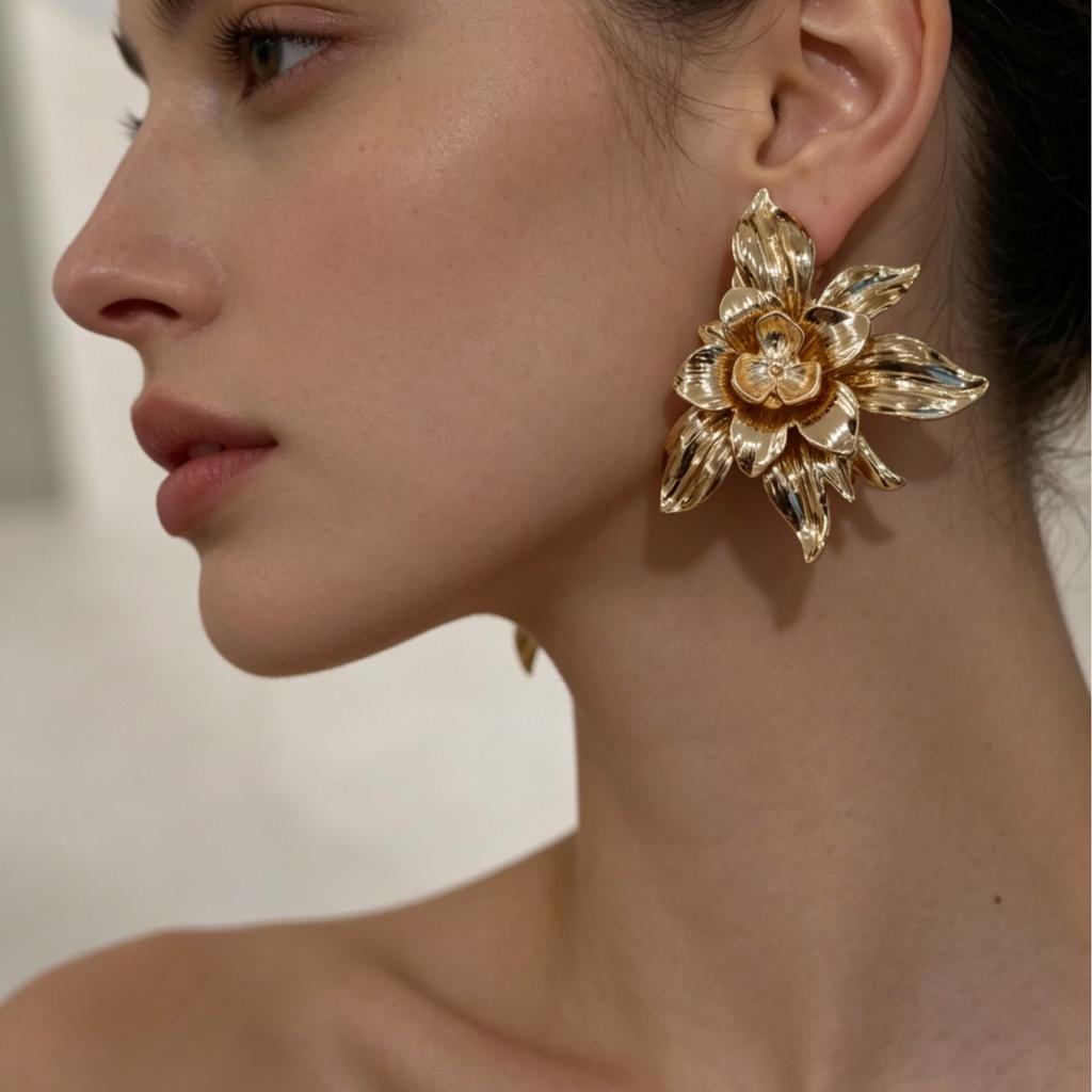Spring and Summer New Golden Three-dimensional Petal Temperament Sunflower Flower-shaped Button Accessories Earrings