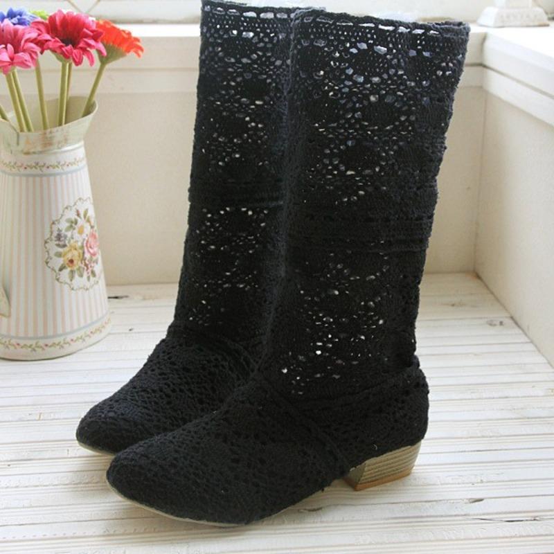 Hollow Spring and Summer Single Boots Cool Boots Medium Boots Large Size Women's Shoes