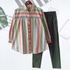 2Pcs/Set Lapel Long Sleeve Single Breasted Mid-rise Pockets Casual Outfit Striped Print Shirt Solid Color Pants Set