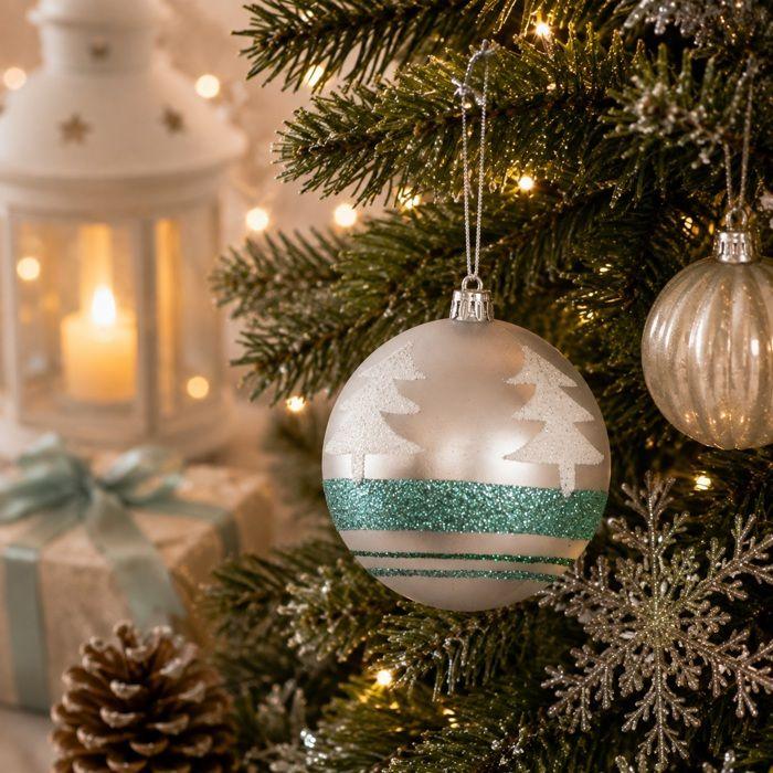 Boule de Noël décorée Sapins Argent 8 cm