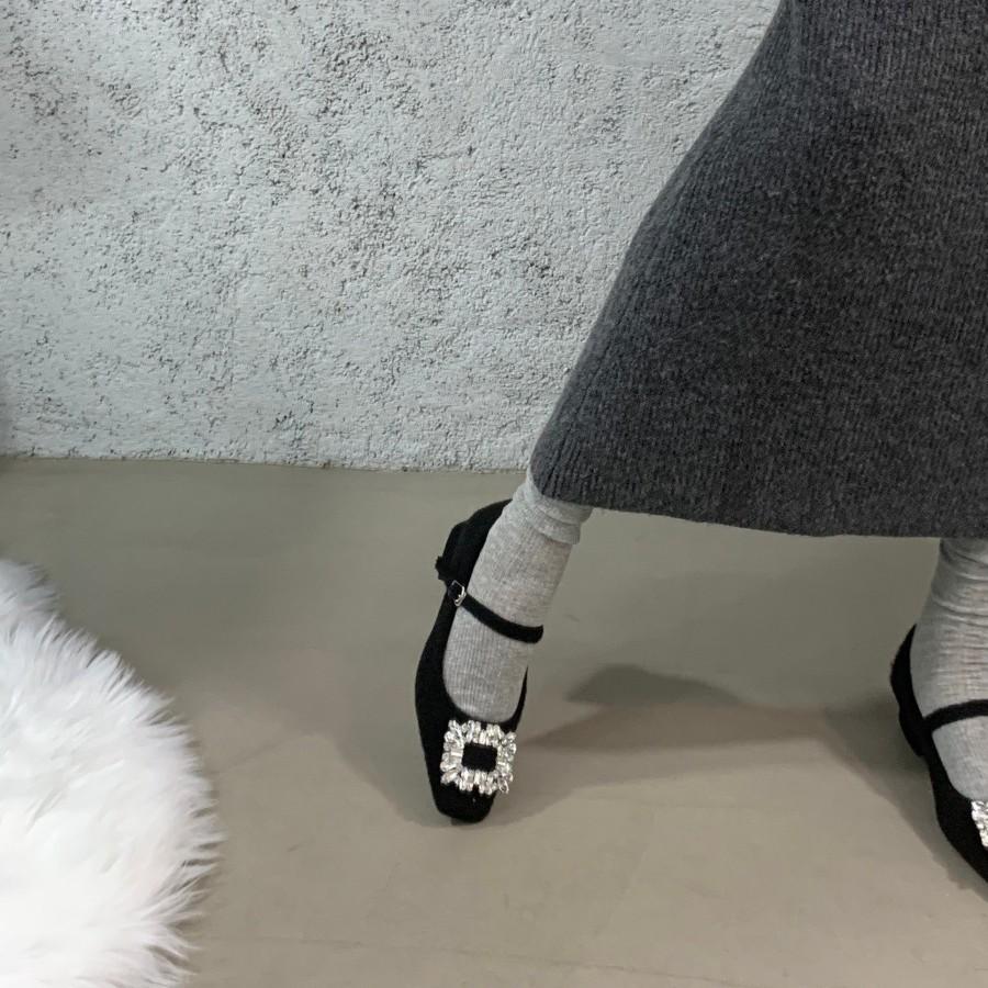 Thick Heel High Heel Black Square Head Rhinestone Single Shoes Women's Shoes 2025 New Autumn and Winter Plush Mary Jane Mao Shoes