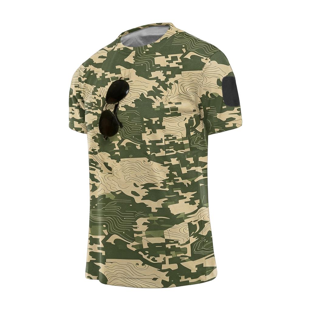 Men Tactical Camo Print Crew Neck Loose Fit Breathable Outdoor Quick Dry Short Sleeve T Shirt with Hook and Loop Patch Panel