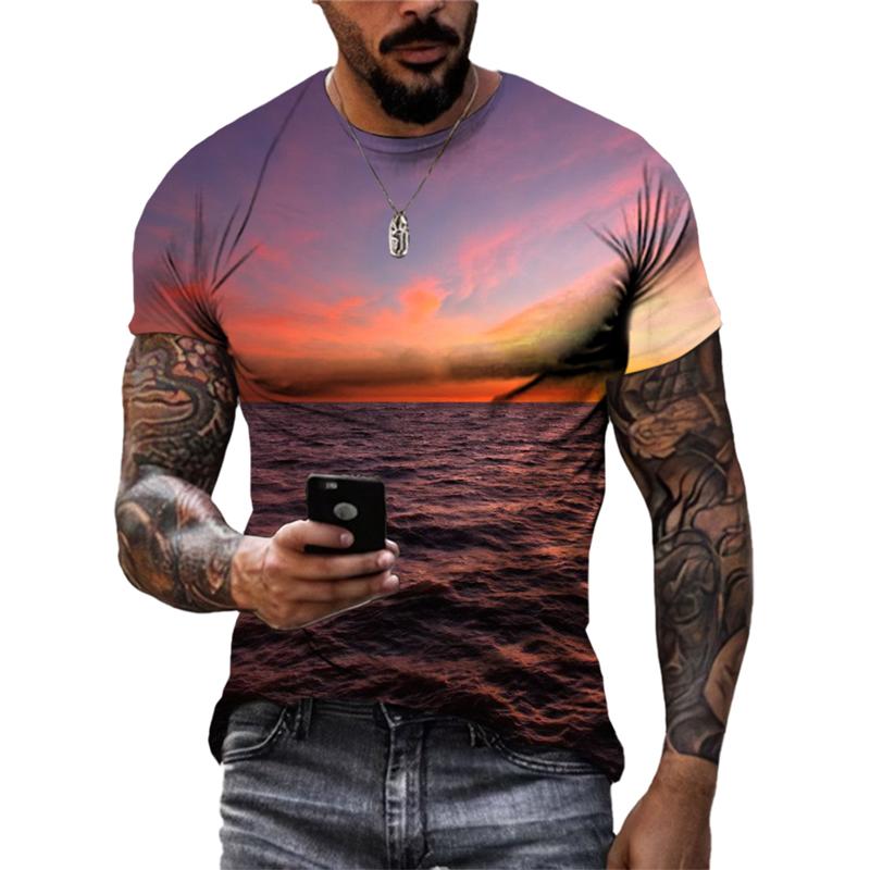 Sommersollys Havbølge Sand Casual Stil grafiske t-skjorter Mote Nye Menn Fritid Trykket Rund Hals Kortermet T-skjorter Topper