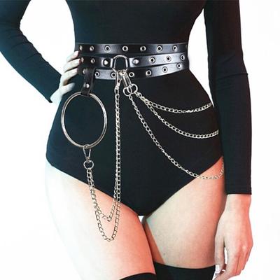 Punk Frauen Faux Leder Harness Strumpfband Gurt Bund Bindung Kette Schwarz