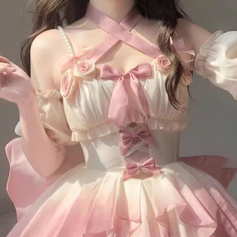 Abiti Dolci Donne Moda Lolita Abito Giapponese Perline Scavato Floreale Abito Carino