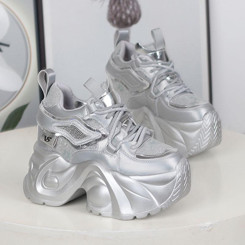 Fashion NEW Women Casual Platform Sneakers 12CM High Heels Winter Sports Leather Shoes Bling Trainers Chunky Boots Zapatillas Mujer