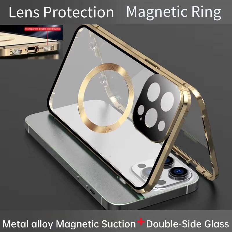 Case for iPhone 14 Pro Max/ 14 Plus,with Double Sided Magnetic Tempered Glass cases,Magsafe Wireless Charging Magnetic Adsorption Metal Bumper Cover