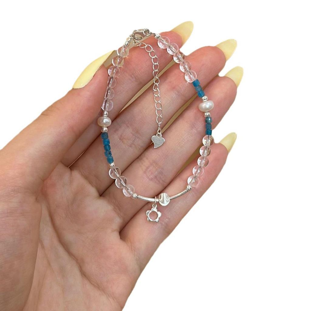 S925 Sterling Silver Bracelet with White Crystal, Cat's Eye, Natural Pearl, and Blue Apatite - Exquisite Women's Fashion Jewelry.