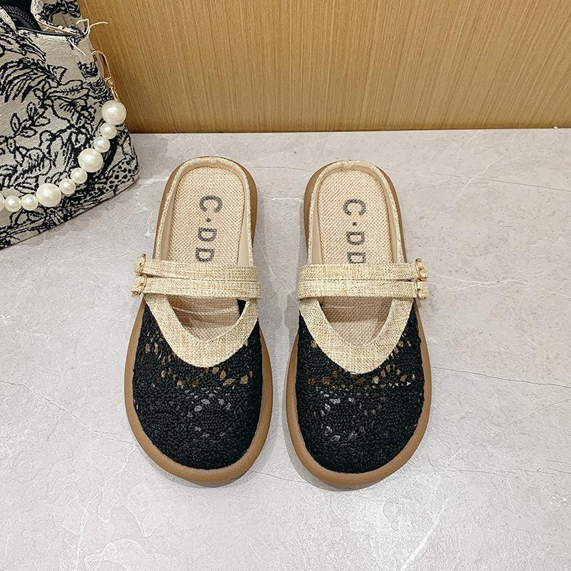 

Versatile embroidered baotou half slippers women s summer 2025 hollow mesh shoes wear flat sandals and one pedal slippers 35 чёрный