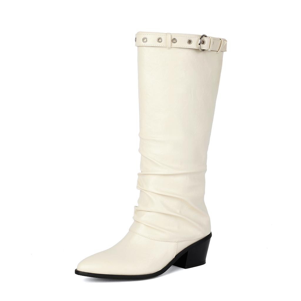 Wrinkled Boots Pile Boots Belt Buckle Rivet Pointed Trousers Boots Thick Midheel Western Boots 40-48 Large Size Boots