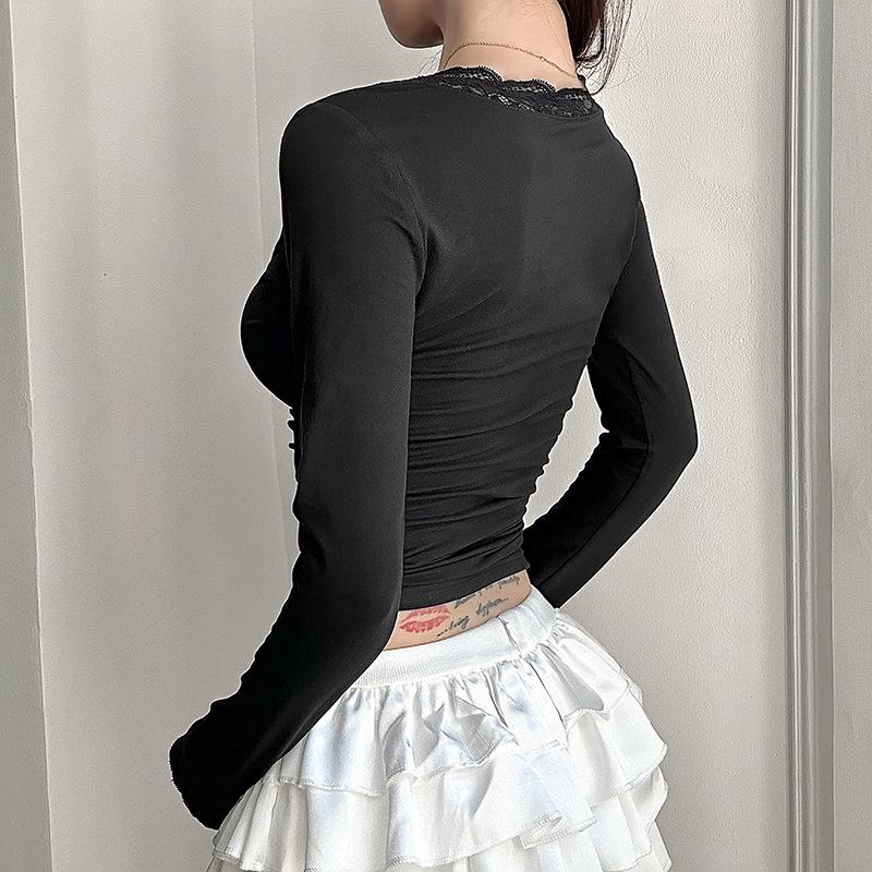 European Lace Patchwork Long Sleeve V-Neck T-Shirt