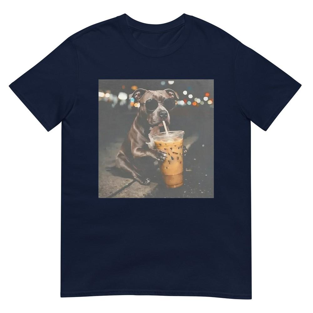 Pitbull Dog Drinking Iced Coffee With Sunglasses Funny Art Tshirt S