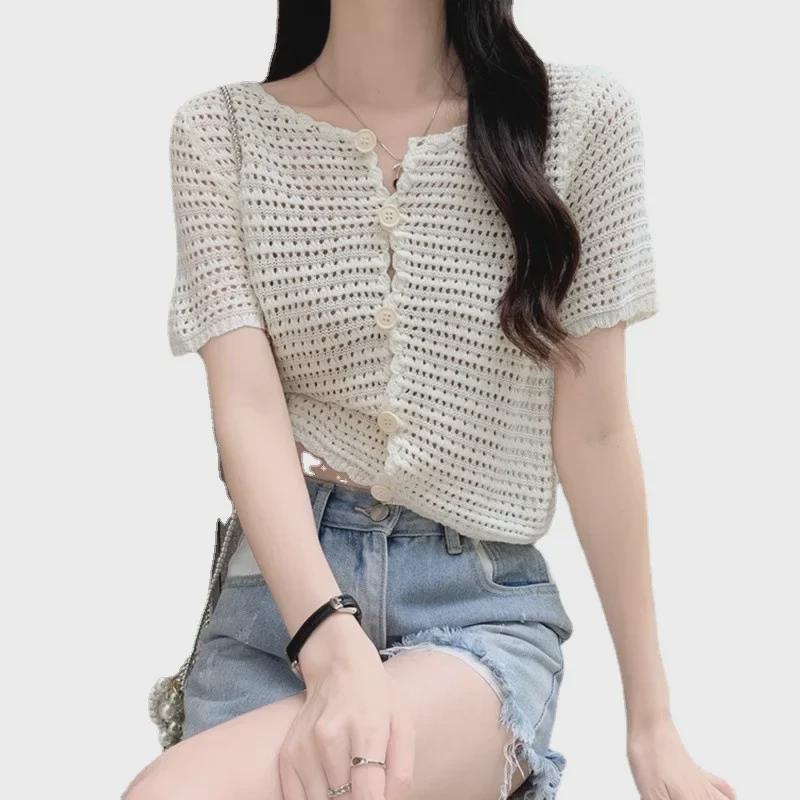 Women's Hollow Knit Cardigan - Short Sleeve, Mesh, Shawl Top, 2023 Spring/Summer Sunscreen Style