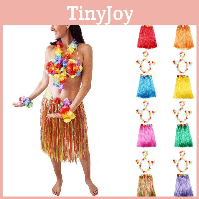 Adult Hula Hawaiian Dance Grass Skirt Lei Headband Wristband Fancy Costume Dress