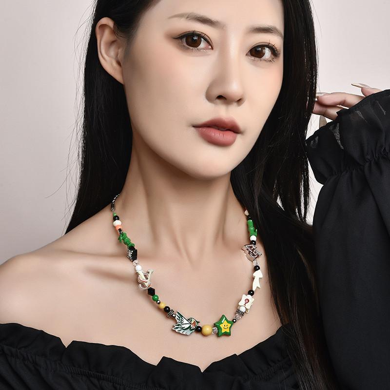 Unique Handmade Heart Shaped Lucky Star Smiley Face Necklace With Colorful Gemstones