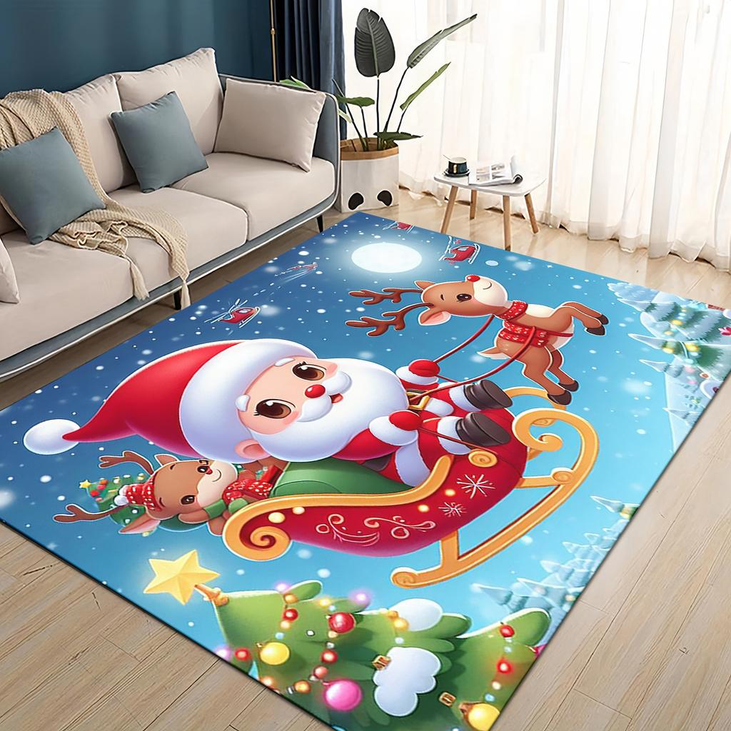 Merry Christmas Cartoon Santa Claus Snowman New Year Gift Carpet Rug for Living Room Bedroom Home Sofa Decoration,Non-slip Mat