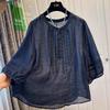 Women's Retro Embroidered Mid-Sleeve Ramie Chiffon Shirt - Lightweight, Loose, Slightly Sheer, Summer 2025 Edition.