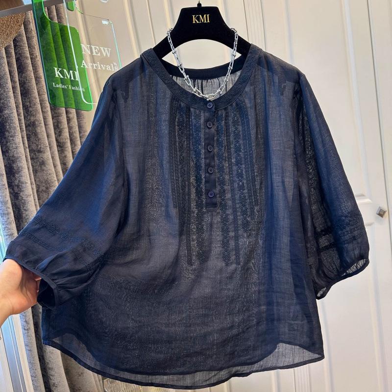 Women's Retro Embroidered Mid-Sleeve Ramie Chiffon Shirt - Lightweight, Loose, Slightly Sheer, Summer 2025 Edition.
