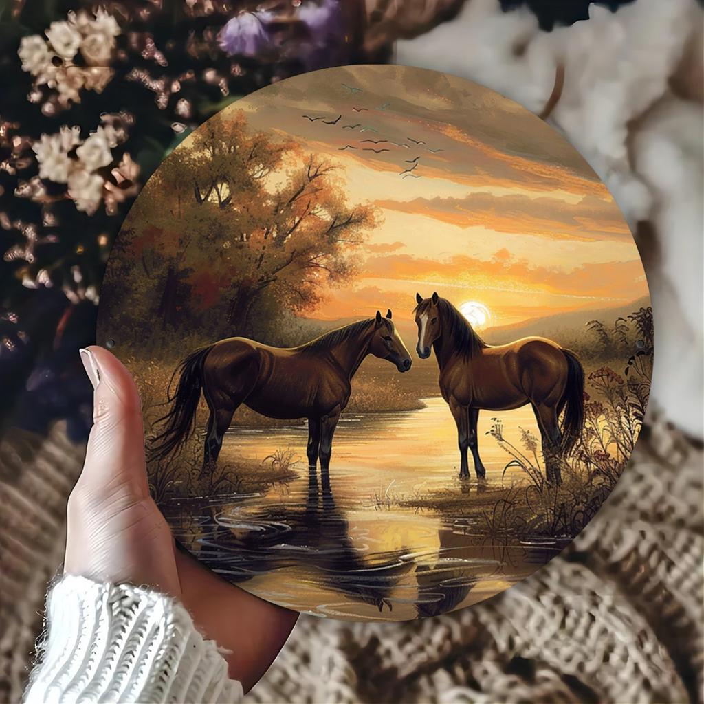 Sunset Horses Vintage Aluminum Sign Engraving Single Piece Metal Wall Art for Indoor or Outdoor Decor Aluminum For Fami